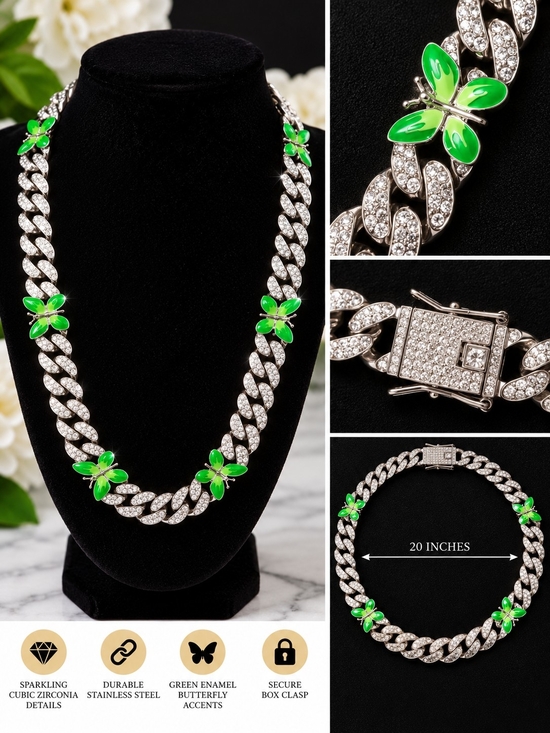 Jewelry - Green Enamel Butterfly Cuban Link Necklace - Stainless Steel